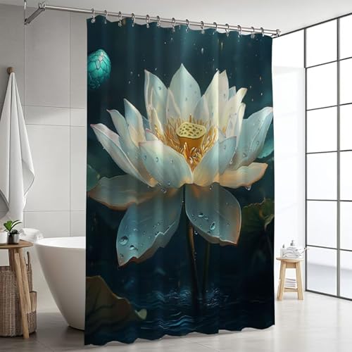 Duschvorhang Überlänge 200x240cm,Weiß Duschvorhänge Waschbar, Lotus Duschvorhang mit Gewicht Polyester Stoff Shower Curtains, mit 12 Plastik Duschvorhangringen für Badewanne und Bad Deko GJ-911 von Binaoung