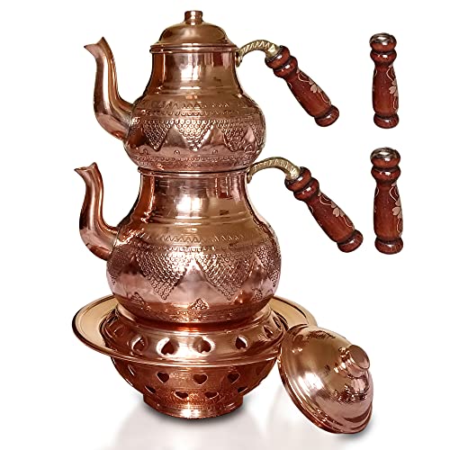 Binbir Trend Handgefertigte Grape Besticktes Kupfer Teekanne Set mit Ottomanen Teewärmer 2.7lt, Authentischer Stil Samowar, Wasserkocher von Binbir Trend