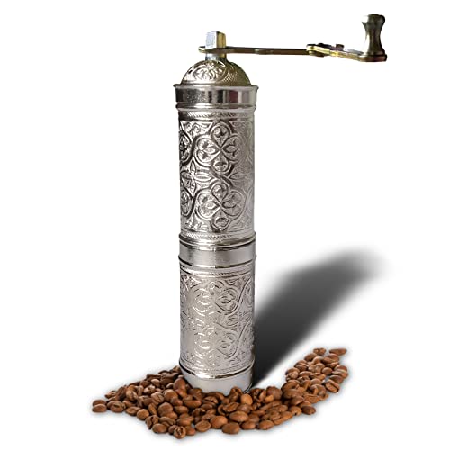 Turkischer Kaffeemühle Manuell | Kaffeemühle Hand – Handkaffeemühle | Manuelle Kaffeemühle | Kaffeemühle Hand, flacher Art (silberfarben) von Binbir Trend