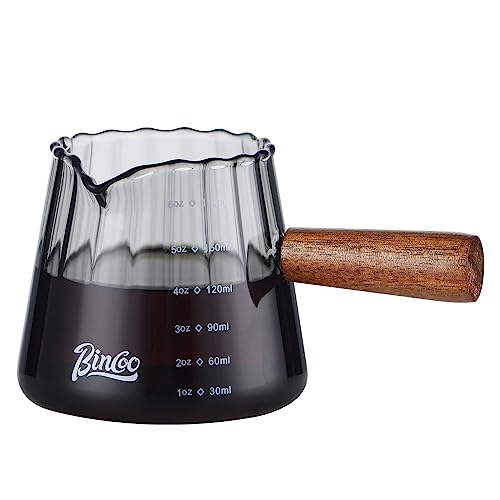 Bincoo Espresso-Schnapsglas mit Holzgriff, Einzelausgießer, für Kaffee, Milch, Messbecher mit klarer Skala, hitzebeständiger Glas-Sahnekännchen für Kaffee, Tee oder Ahornsirup, 180 ml, Grau von Bincoo