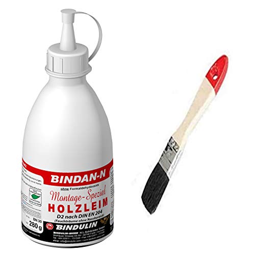 BINDAN-N Holzleim-D2 Montage-Spezial-Holzleim inklusive 1 Pinsel von E-Com24 zum Auftragen und Leimspachtel (280 g Flasche) von Bindulin