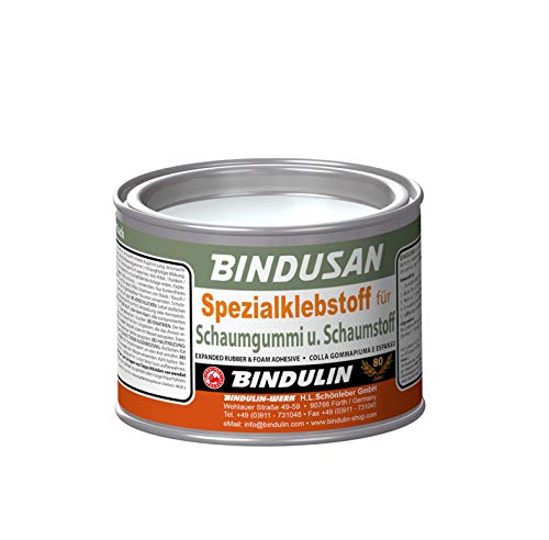 350 Gramm BINDUSAN von Bindulin Spezialklebstoff für Moltopren Schaumgummi Schaumstoff mit Holz Metall Stoff Pappe - Kleber Verklebung weich, hochelastisch, wasser-, öl- und säurefest 350g von Bindulin
