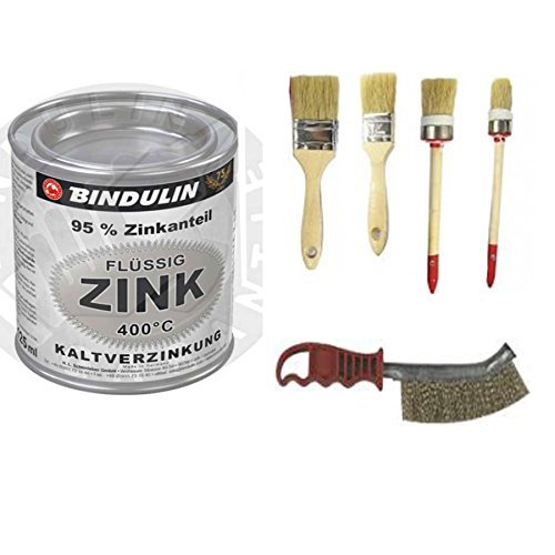 Flüssig-Zink 250 ml Dose Farbe: silber inkl. 4er Set Pinsel und Drahtbürste von Bindulin