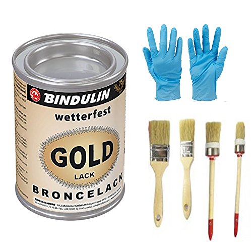 Goldlack wetterfest & farbtonstabil inkl.4er SetPinsel und Nitrilhandschuh zum Auftragen (750 Gramm) von Bindulin
