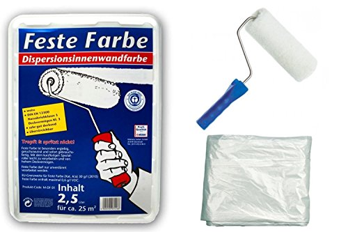 Wilckens Feste Farbe Innenwandfarbe inkl.1x Farbroller, 1x Abdeckfolie (feste Farbe 2,5 Liter weiss) von Bindulin