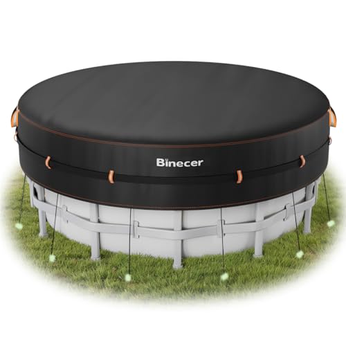 Binecer 24 Ft Runde Poolabdeckung mit Reflexstreifen, Schwimmbadabdeckung für oberirdische Pools, Soalr Abdeckung mit Kordelzug, leuchtende Bodennägel, PU-beschichtet für UV-geschützt von Binecer