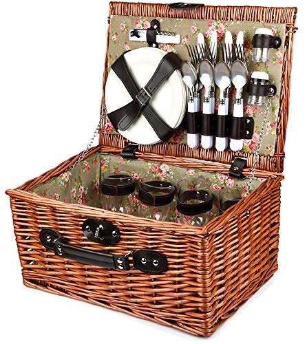 Bingo-Shop Picknickkorb für 4 Personen Inklusive Bestecksets, Korkenzieher, Weingläser und Keramikteller - 29 x 20 x 41cm Picknickkoffer Picknickset Picknick Korb von Bingo-Shop