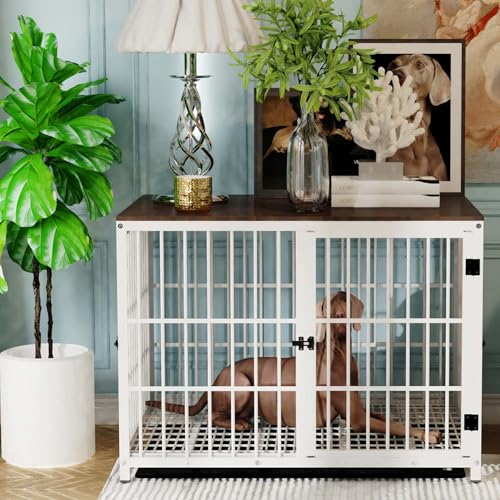 BingoPaw Hundekäfig Holz Hundeschrank Indoor: Hundekäfig XXL Hundebox Große Hunde Hundehütte mit Tischoberfläche - Multifunktional Hundehaus TV Schrank Tierkäfig 107x71x81 cm Weiß von BingoPaw