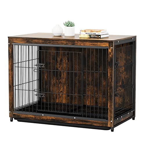 BingoPaw Hundekäfig XXL Hundebox Große Hunde, Hundehütte Indoor Holz mit 2 Gitter Türen und abnehmbares Tablett, Vintage Hundehaus für drinnen und innen, 97x59x75cm von BingoPaw