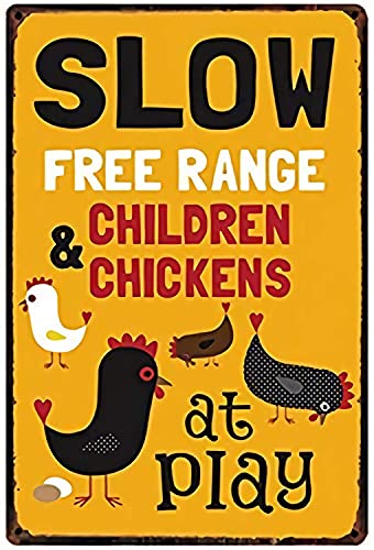 Bingyingne Slow Free Range Children & Chickens at Play Metallschild Dekoration Metall Poster Plaque für Bar Cafe Club Garage 16x12 Zoll von Bingyingne