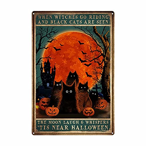 Halloween Blechschild aus Metall, Hexen reiten und schwarze Katzen werden gesehen Kunst Poster Badezimmer und Zimmer Retro Eisen Malerei Wand Dekor Retro Bar Pub Diner Cafe Home Poster Malerei 16x12 von Bingyingne