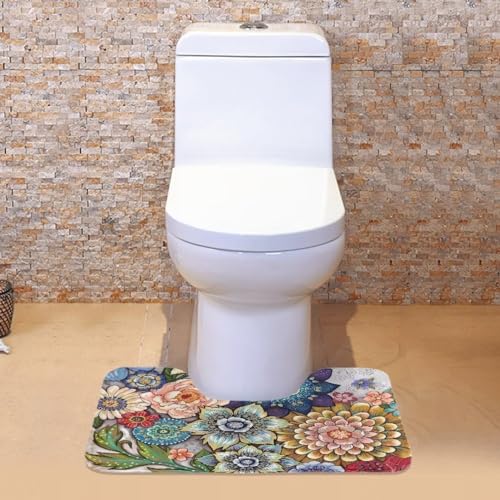 Binienty Boho-Blumen-WC-Vorleger, U-förmig, zottelig, weich, bequem, rutschfest, wasserabsorbierend, Mikrofaser, maschinenwaschbar, dicker Badezimmer-Bodenteppich von Binienty