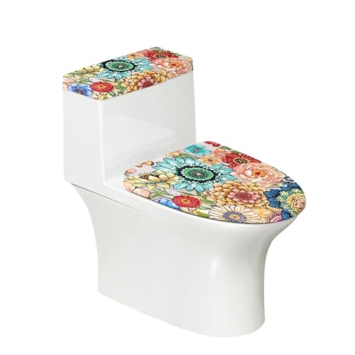 Binienty Boho Flower Toilettendeckel Sitzbezug und WC Tank Deckel Abdeckung Set von 2 Pack WC Tank Zubehör für Badezimmer Neuheit Toilettensitz Deckelbezug Set mit elastischen Kanten von Binienty