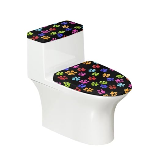 Binienty Bunte Pfotenabdruck-Badezimmer-Dekor, stilvoller WC-Deckelbezug und WC-Bezug, 2-teiliges Stretch-Toilettenbezug-Set für Badezimmer, leicht zu reinigen von Binienty