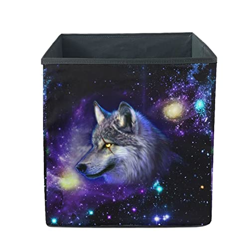 Binienty Galaxy Wolf Aufbewahrungsbox für Kinder, Tierdruck, zusammenklappbar, Aufbewahrungsbox für Halloween-Dekorationen, 33 x 33 x 33 cm von Binienty