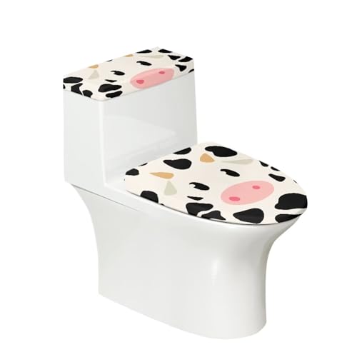 Binienty Niedlicher WC-Sitz und Tankdeckelbezug-Set, Blaugrün, Cartoon-Kuh-Druck, wiederverwendbarer WC-Tankdeckelbezug, Stoff, elastischer Toilettensitz-Deckelbezug, universelle Passform, länglicher, von Binienty