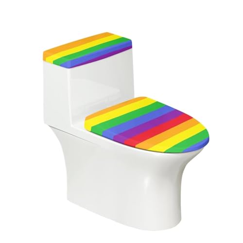 Binienty Toilettendeckelbezug mit bunten Regenbogenstreifen, Set mit 2 Stück, WC-Deckelbezug, verlängerter Toilettensitzbezug und Teppich-Set, schmutzabweisend, waschbar von Binienty