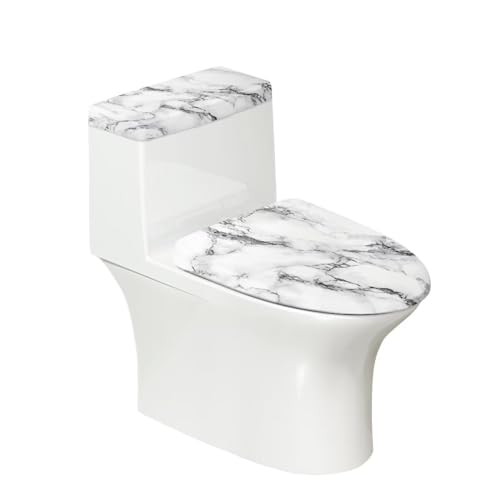 Binienty Toilettendeckelbezug und WC-Deckelbezug mit weißem Marmor-Druck, 2 Stück, Dekorationen für Zuhause, WC-Deckel-Set für Badezimmer, waschbarer WC-Tank-Ersatz von Binienty