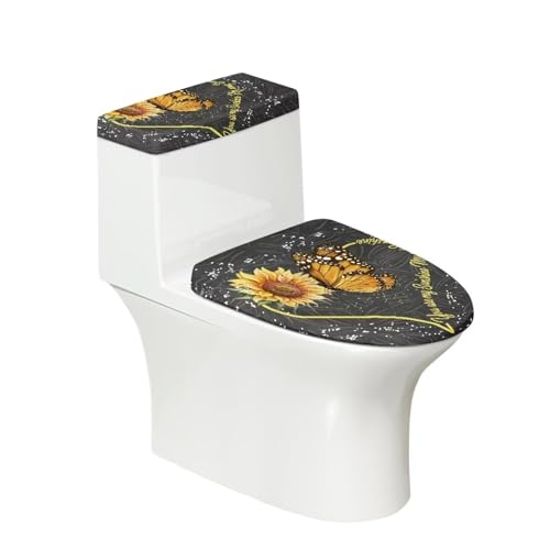 Binienty WC-Deckelbezug mit Schmetterling-Sonnenblume, 2 Stück, WC-Deckelbezug, Stoffdekorationen für Zuhause, WC-Sitzbezug, passend für die meisten runden länglichen und länglichen Deckel von Binienty