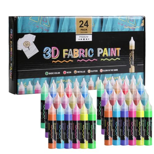 Biniveil 3D Stofffarbe,Art Fabric Paint Set - 30Ml Bastelbedarf Wasserdicht 24 Farben Für Erwachsene Leinwand Holz Dekoration Kleidung Basteln Kinder Glas von Biniveil