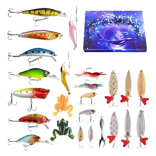Biniveil Fischfang Adventskalender | 24-Tage Weihnachts-Countdown-Kalender Angelzubehör Köder,Festliches Angelköder-Set für Fans Outdoor Hobby Wohnaccessoire Weihnachtszeit Geschenkidee Vatertag von Biniveil