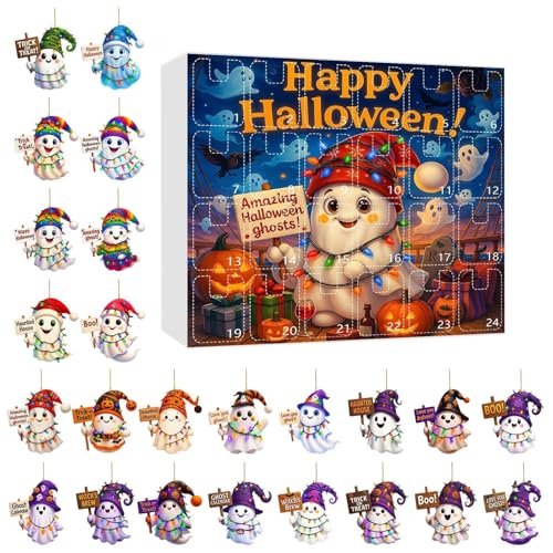 Biniveil Halloween Countdown Kalender | 24 Tage Countdown Kalender Mit Geisteranhänger | Acryl 2D Festliche Ornament Deko für Haus Wand Party Fest Aktivitäten Versammlung Zuhause Anzeige von Biniveil
