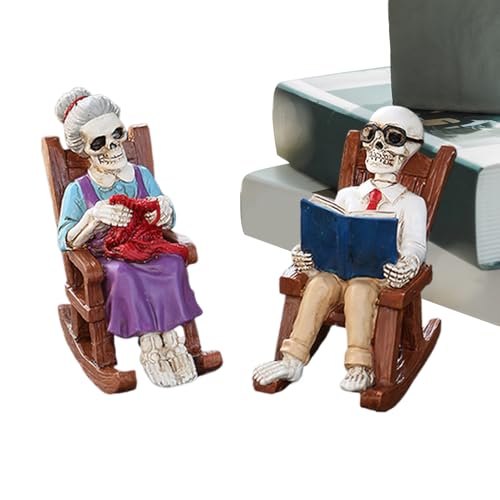 Biniveil Halloween Paar Skelette Figuren - Kamin Schaukelstuhl Totenkopf Deko,Kunstharz Lesende Figuren Deko für BücherKamin Halloween Wohnaccessoire von Biniveil
