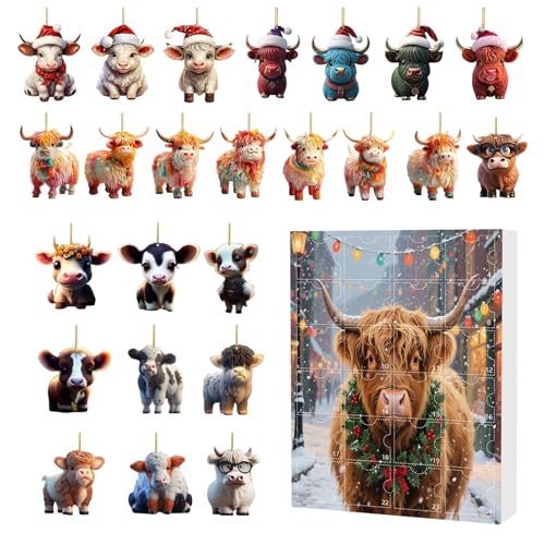 Biniveil Weihnachten Highland Cow Adventskalender 24 Tage, Advent Countdown Kalender 2D Acryl Niedlich Highland Cow Ornamente Set, Tier Deko Für Auto Innenspiegel Wand Fenster Weihnachtsbaum Tür Party von Biniveil