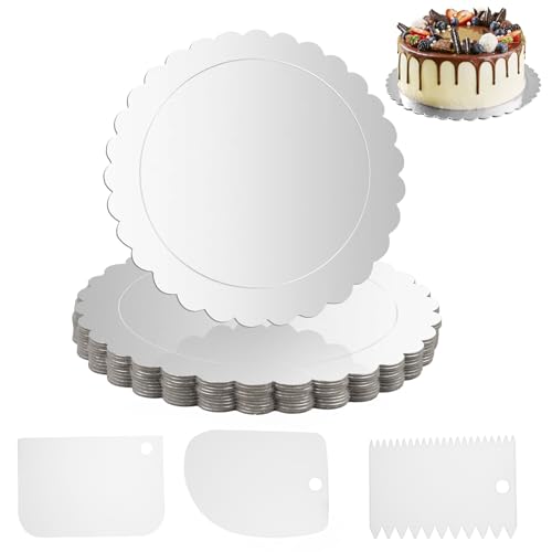 Binlava 10x beschichtete Torten-Unterlage, 10 Stück Silber Kuchenplatte, 25 cm Cakeboard Tortenplatte Pappe, Wiederverwendbar Tortenunterlage, Tortenteller mit 3 Schaber von Binlava