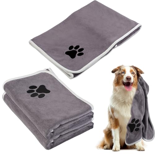 Binlava 2er Set Hundehandtuch extra saugfähig, Schnelltrocknend Haustier Mikrofaser Handtücher, Weich und Langlebig Trocknend - 100 x 50 cm Ideal für Kleine, Mittelgroße & Hunde(Grau) von Binlava