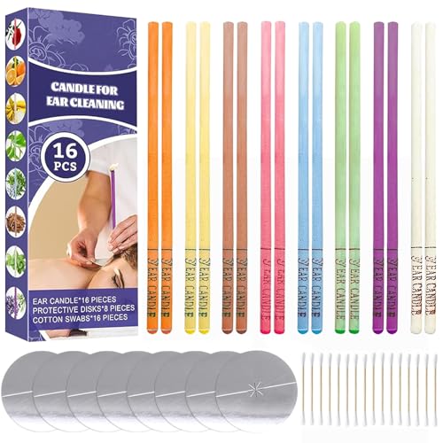 Binnan Ganz Natürliche Ohrkerzen,Ohrenschmalz Entferner Kerzen Hohlkegel,16pcs Aromatherapie Ohrkerze Set,Bienenwachskerzen mit Schutzscheiben und Baumwollstäben für die Entfernung von Ohrenschmalz von Binnan