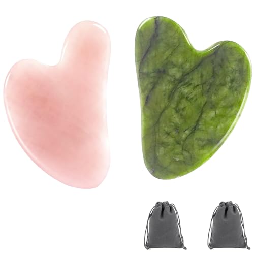 Binnan Herzform Guasha Board Kratz-Massage Tool,Natürlicher Massage Rosenquarz,2pcs Gesichtsbehandlung Jadestein,SPA-Behandlungsgeräte für Gesichtsbehandlungen und zur Linderung von Muskelkater von Binnan