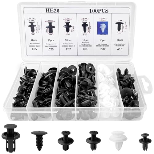 Binnan Klammern Stoßstangen Zierleisten,100 Stück Auto Befestigung Clips Set,6 Arten Befestigungsclips Universal Kunststoff,Diffusion Nietkörper Clip Kunststoff Nietbefestigung Kit von Binnan