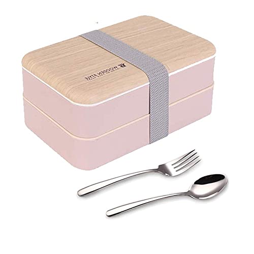 Original Bento Box Brotdose Lunchbox für Erwachsene/Kinder mit Fächern Essensbox Bündel Teiler Japanischer Stil mit Ddelstahl Besteck Löffel und Gabel (Rosa) von Binoster