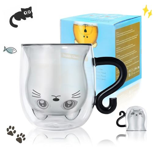 Glas Tasse mit Schwarzer Katze Süße mit Henkel Doppelwandige Kaffeetasse Kawaii Geschenke für Frauen Teetasse Geburtstagsgeschenke für Katzenliebhaber Ideen Halloween Weihnachten von Binoster
