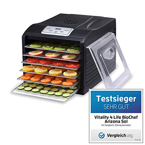BioChef Arizona Sol Dörrautomat/Dörrgerät mit 6 Einschüben aus Edelstahl PLUS Digitaler Timer + Thermostat, 1 x Anti-Haft Folie, 1 x feinmaschigen Einlegematte, 1 x Auffangblech (Schwarz) von Bio Chef