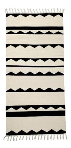 BioEcoLux Schwarz-Natur Läufer Teppich Boho, Reversible Baumwollteppich, Geometrisch Gewebt für Flur, Küche oder Eingangshalle, Boho-Stil (70 x 140 cm, Streifen 02) von BioEcoLux