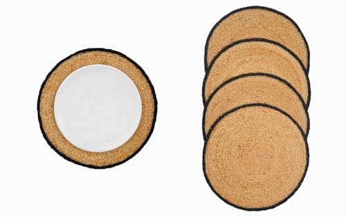Jute Tischset Rund 38 cm – Handgefertigte Platzmatte im Boho Stil – Natur mit Schwarzem Rand – Platzset/Untersetzer für Esstisch Deko (6er Set) von BioEcoLux