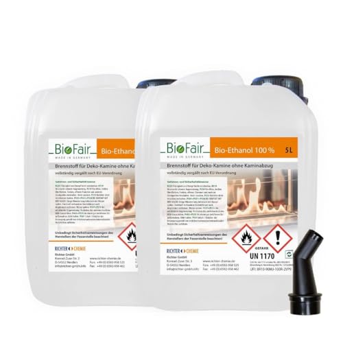 10 Liter (2 x 5L) Bioethanol 100% in geprüfter Premium Qualität für Bioethanolkamin, Ethanol Tischkamin, Wandkamin von BioFair