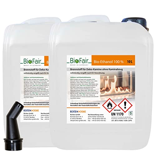 20 Liter (2 x 10L Kanister) Bioethanol 100% in geprüfter Premium Qualität für Bioethanolkamin, Ethanol Tischkamin, Wandkamin, geruchs- und rückstandslose Verbrennung von BioFair