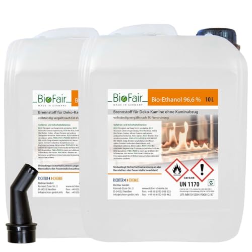 BioFair Bioethanol - Reiner Brennstoff - Bioethanol für Bioethanolkamin, Ethanol Tischkamin, Wandkamin Indoor - 2 x 10 Liter von BioFair