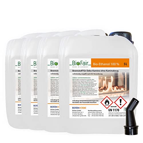 20 Liter (4 x 5L) Bioethanol 100% in geprüfter Premium Qualität für Bioethanolkamin, Ethanol Tischkamin, Wandkamin von BioFair
