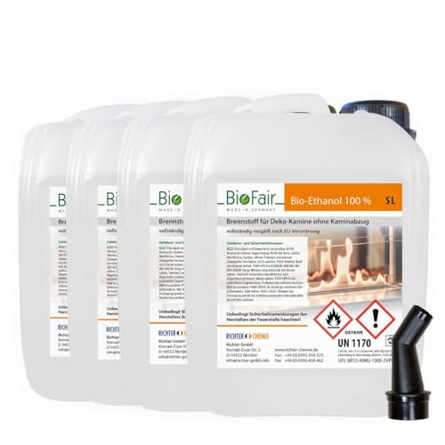 20 Liter (4 x 5L) Bioethanol 100% in geprüfter Premium Qualität für Bioethanolkamin, Ethanol Tischkamin, Wandkamin von BioFair