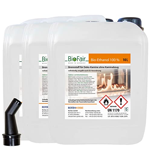 30 Liter Bioethanol 100% in geprüfter Premium Qualität für Bioethanol Kamin, Bioethanol Tischkamin, Ethanol Kamin Indoor/Outdoor | Bioethanol 30L (3 x 10L Kanister) von BioFair