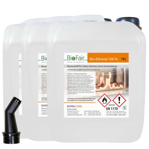 30 Liter Bioethanol 100% in geprüfter Premium Qualität für Bioethanol Kamin, Bioethanol Tischkamin, Ethanol Kamin Indoor/Outdoor | Bioethanol 30L (3 x 10L Kanister) von BioFair