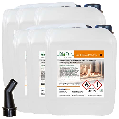 60 Liter (6 x 10L-Kanister) Bioethanol 96,6% im Kanister in geprüfter Premium Qualität für Bioethanol-Kamin, Ethanol Tischkamin, Wandkamin - geruchs- und rückstandslose Verbrennung von BioFair
