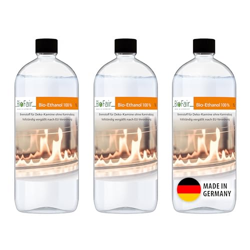 BioFair Bioethanol 100% | 3 x 1L Flasche | Für Ethanolkamin, Bioethanolkamin, Gartenfackel | Innen & Außen | Geruchs- & Rußfrei | Hochreines Bio Ethanol von BioFair