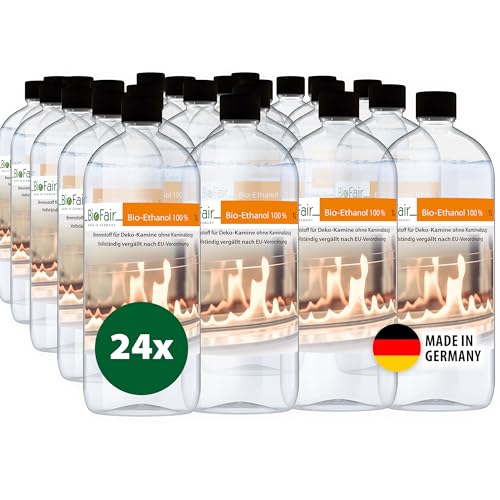 BioFair Bioethanol 100% | 24 x 1L Flasche | Für Ethanolkamin, Bioethanolkamin, Gartenfackel | Innen & Außen | Geruchs- & Rußfrei | Hochreines Bio Ethanol von BioFair