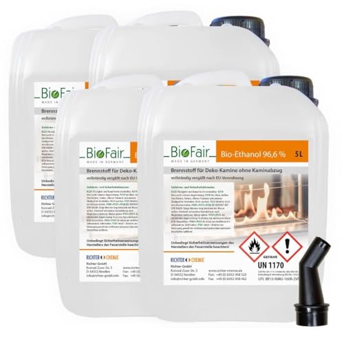 BioFair Bioethanol - Reiner Brennstoff - Bioethanol für Bioethanolkamin, Ethanol Tischkamin, Wandkamin Indoor - 4 x 5 Liter von BioFair