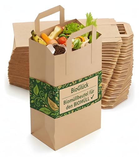 BIOGLÜCK® Biomüllbeutel mit Henkel 10 Liter [15 Stück] – reißfeste & feuchtigkeitsbeständige Papiertüten für Küchenabfälle von BioGlück